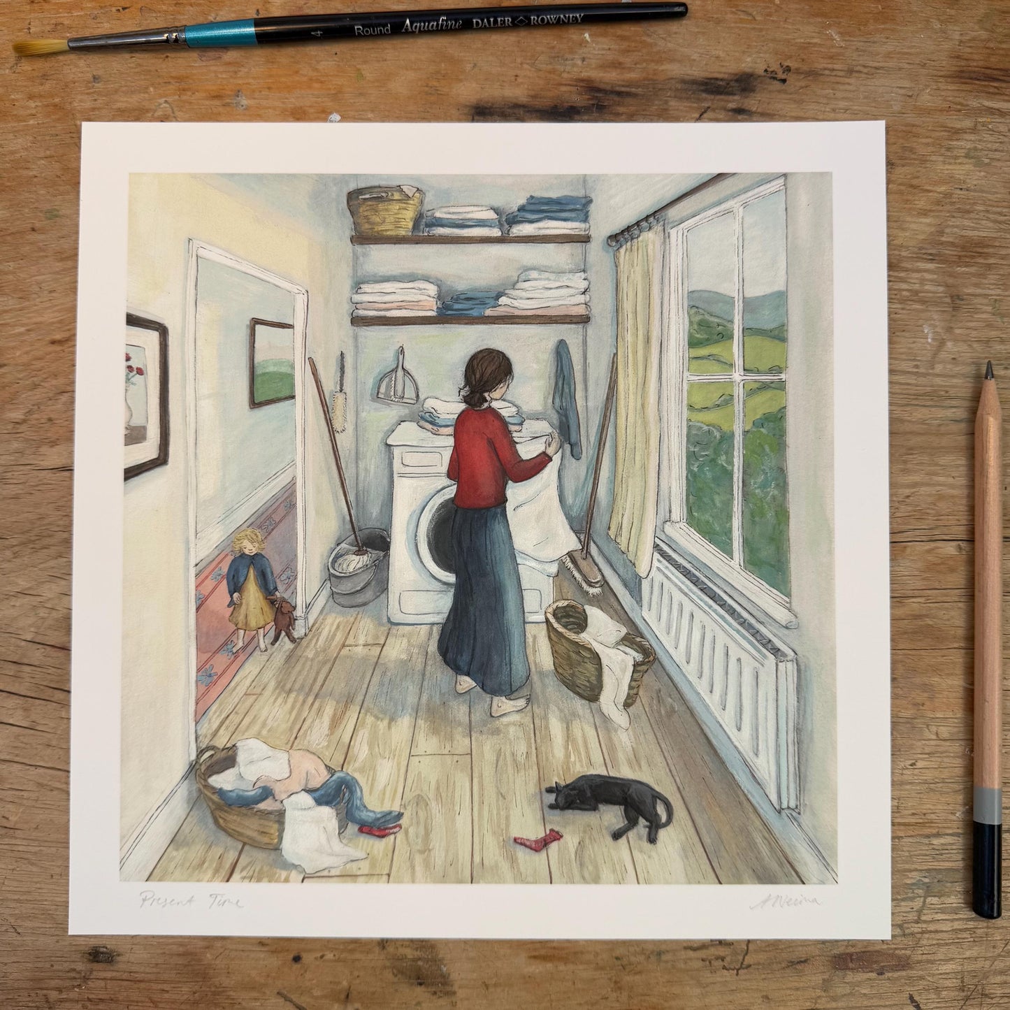 Present Time - Fine Art Print, 8 x 8 inches - Giclee Print of Original Gouache Painting