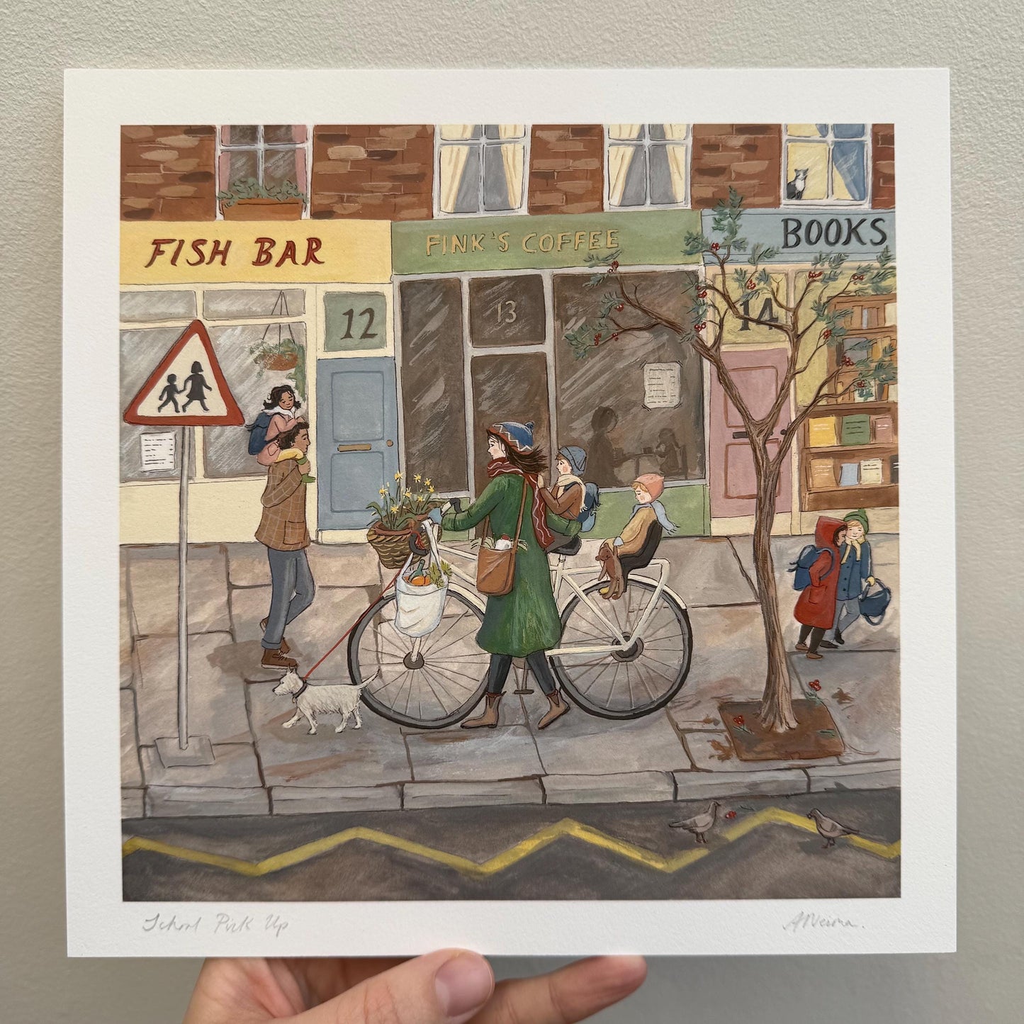 School Run - Fine Art Print, 8 x 8 inches - Giclee Print of Original Gouache Painting