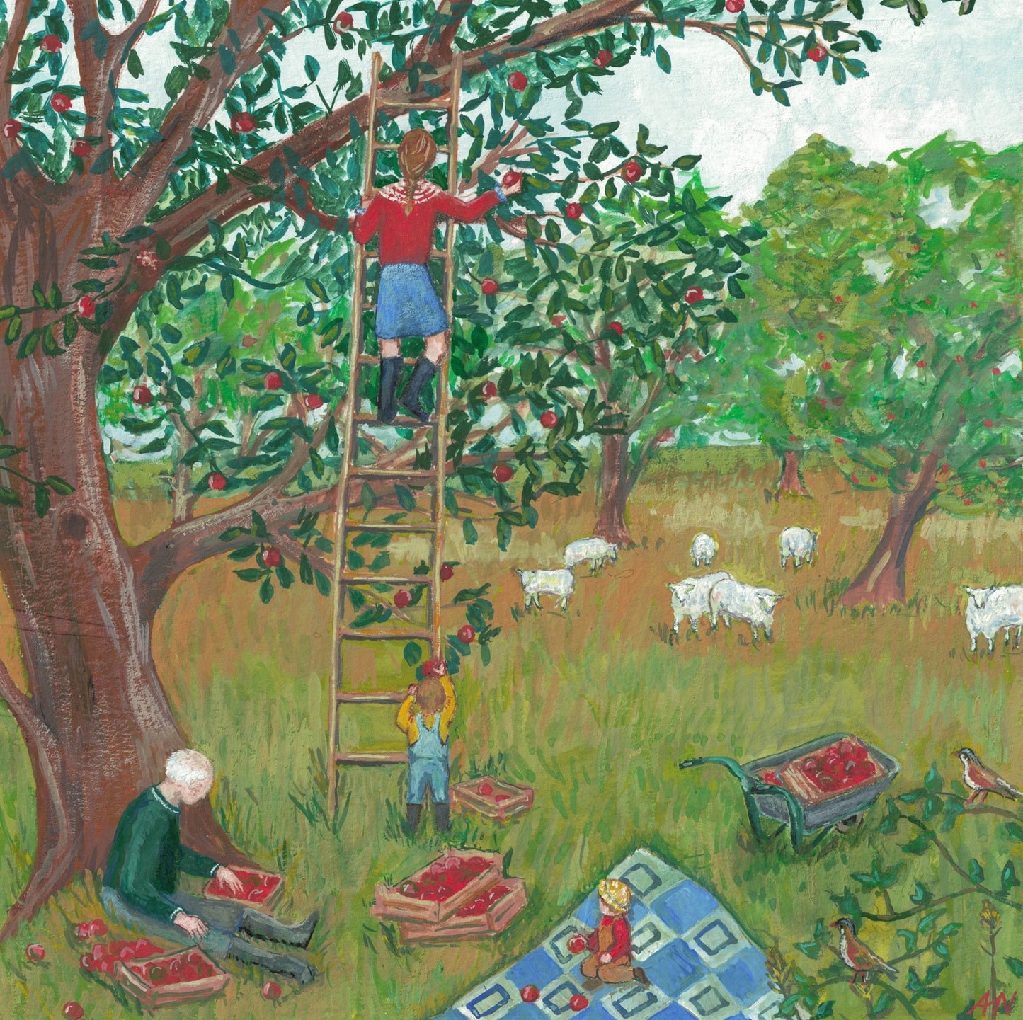 Apple Pickers - Fine Art Print - Giclee Print of Original Gouache Painting